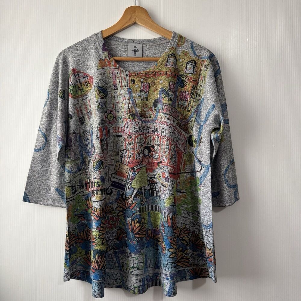 Inoah Women City Walk Crew Neck 3/4 Sleeve Top Size XS Tee Tunic Graffiti